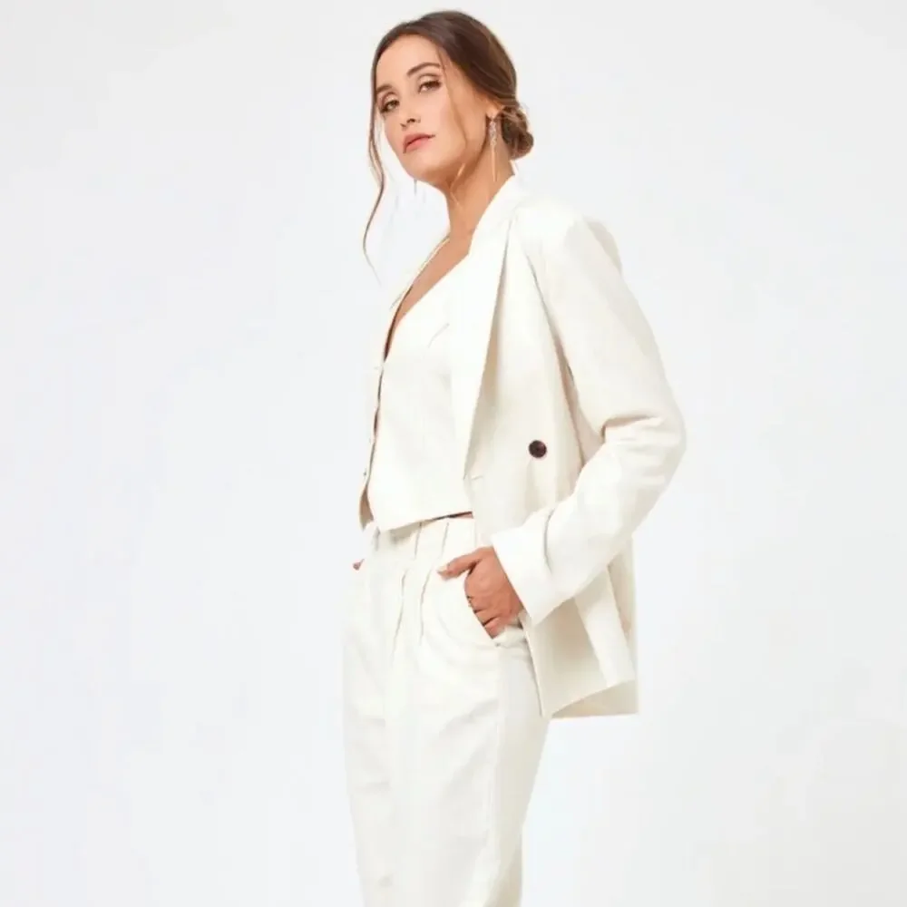 L*Space Women’s Rhodes White Cream Linen Cotton Double Breasted Long Blazer S